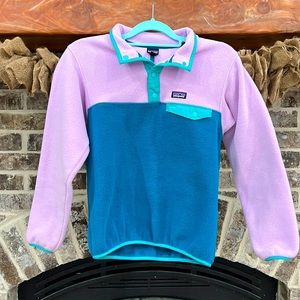 Patagonia girls fleece pullover.  Purple and Green size Large 12.